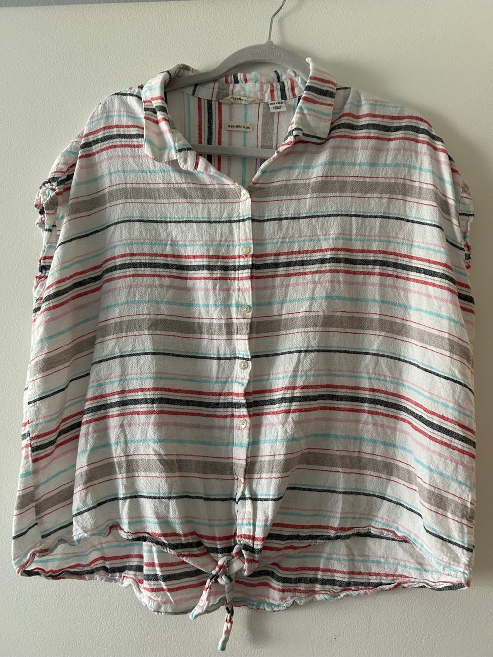 Weatherproof White Striped Button-Front Tie-Hem Top